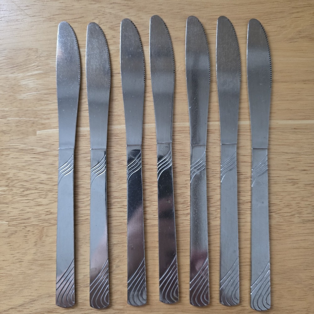 Set of 7 Stainless Steel Dinner Knives 8.5" Unbranded China Swirls/Wavy Flatware - Picture 8 of 8